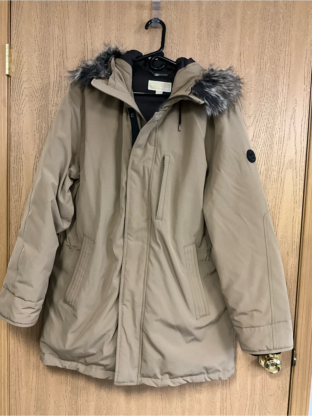 Michael Kors Beige Tan Puffer Parka with Faux Fur Trim Hood